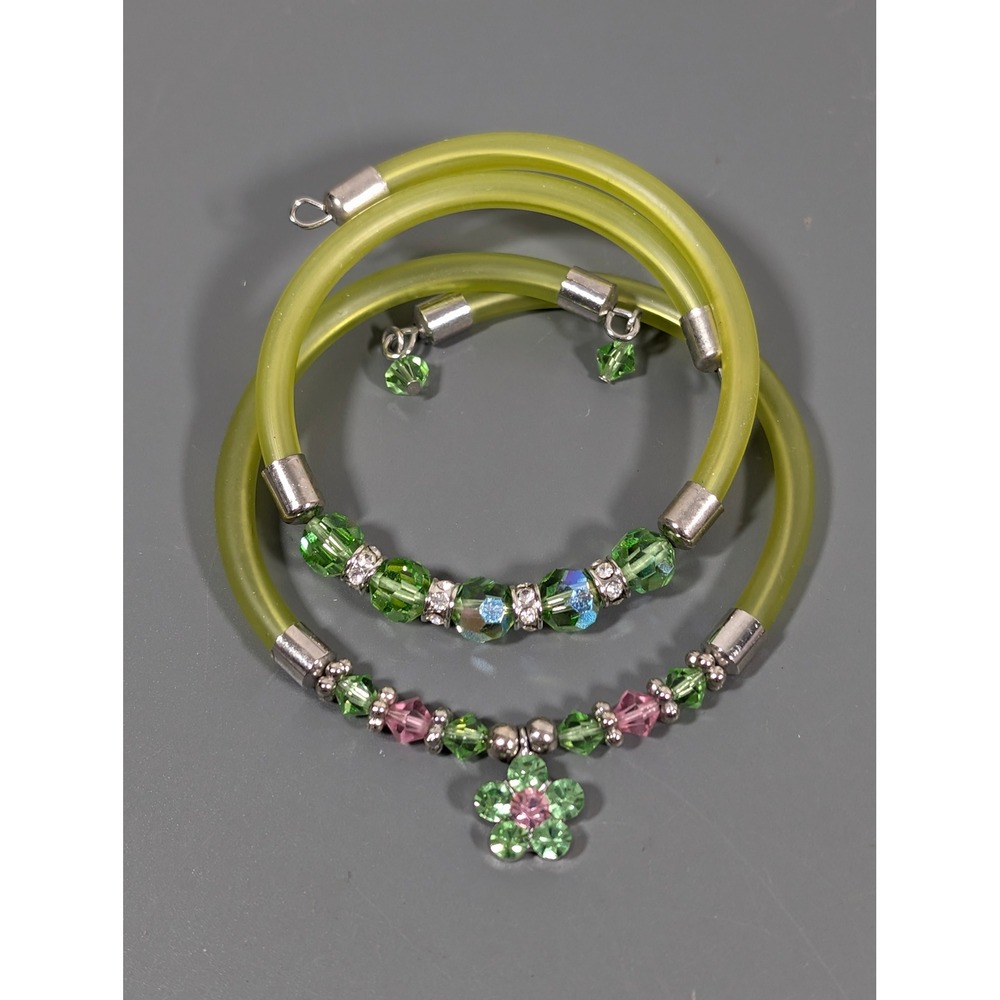 Set of 2‎ Pink Green Beaded Wrap Bracelets Floral Rhinestone Charm Stretch 7"